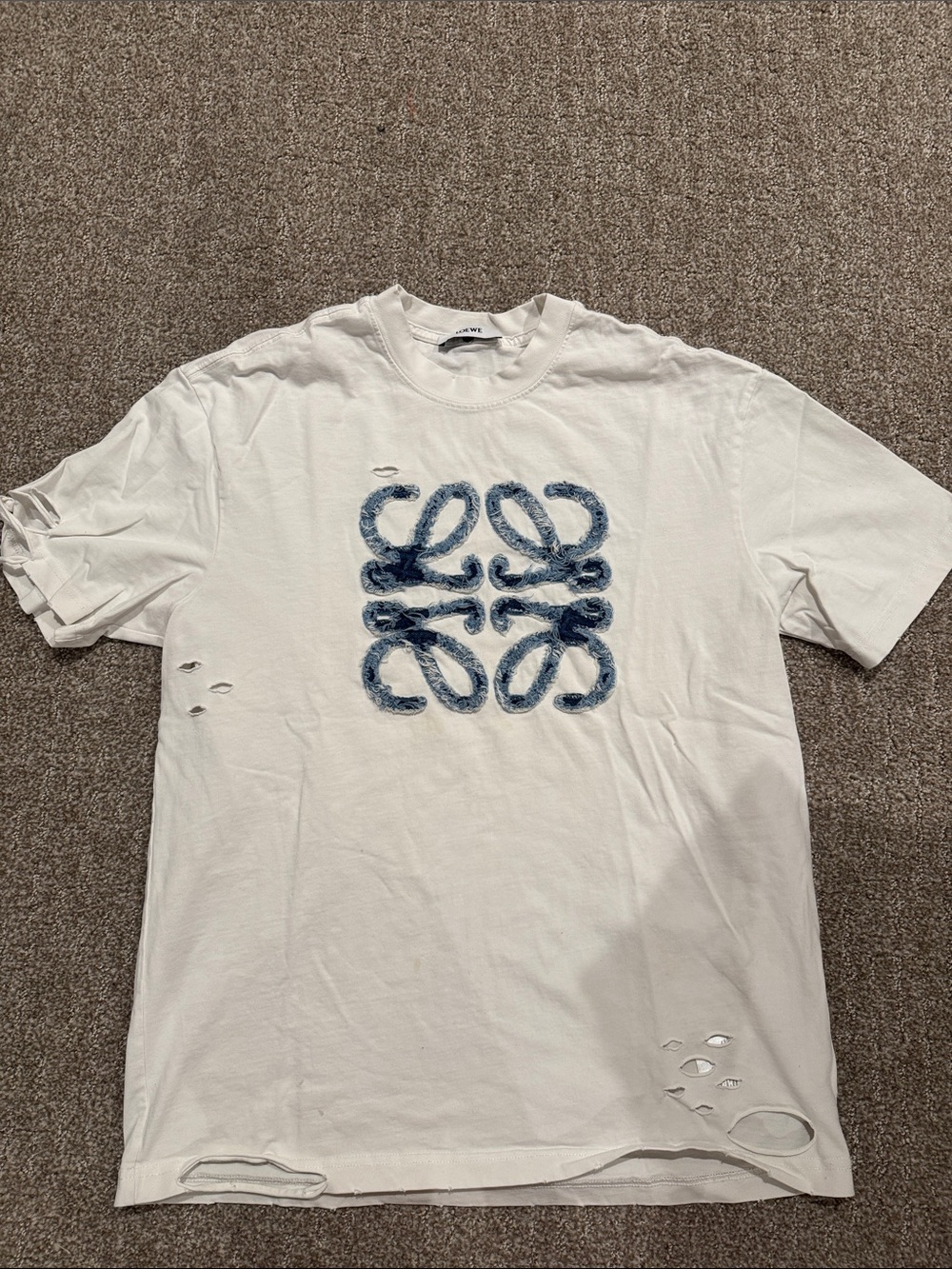 Loewe White Short Sleeve Graphic Tee with Blue  denim Motif